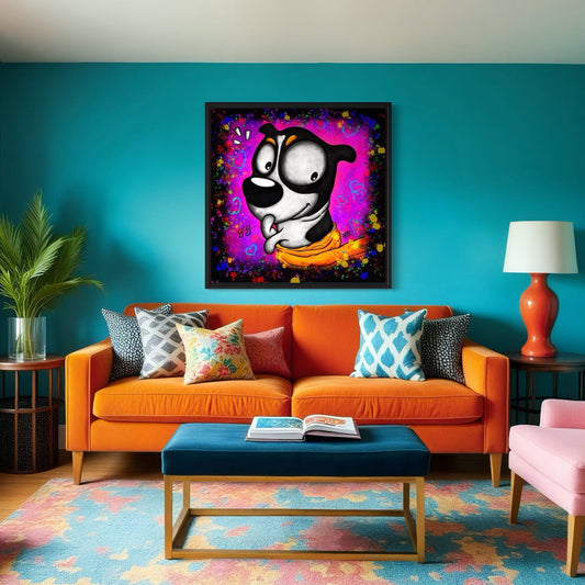 Living room with an orange sofa, colorful rug, and artwork of a dog in a towel fresh from the bath and a naughty smirk, hung on a blue wall.