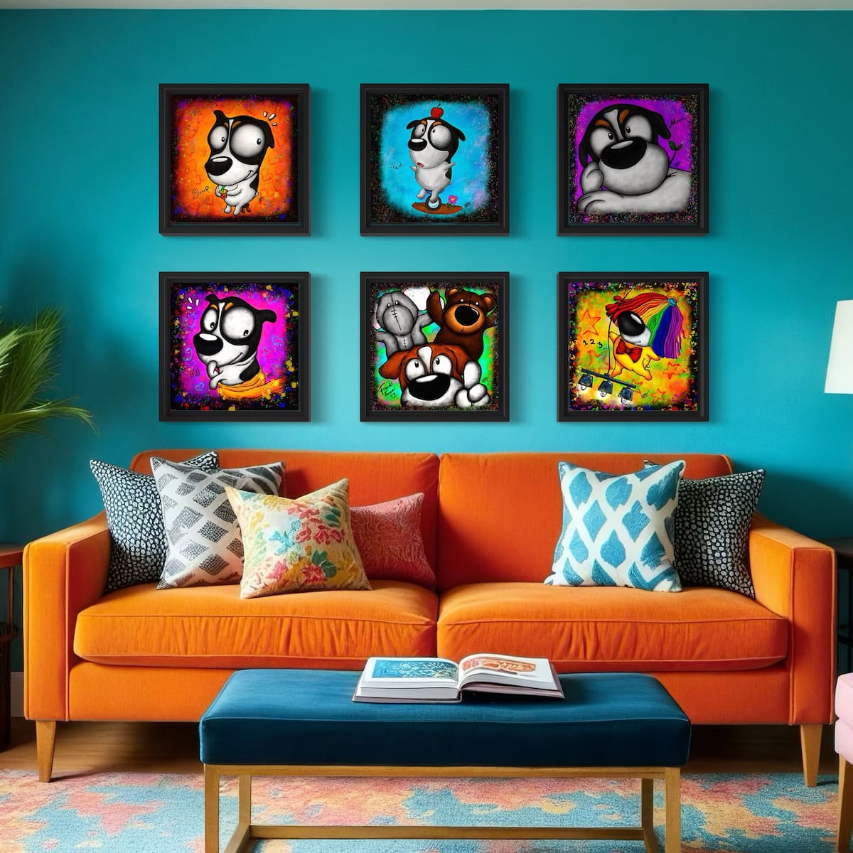Living room with orange sofa, colorful pillows, and framed cartoon character art on a blue wall.