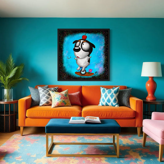 Living room with orange sofa, colorful cushions, and a framed artwork of a cartoon dog on a unicycle with an apple on its head against a colorful background, on a blue wall.