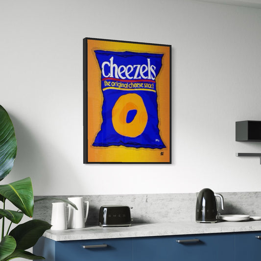 Framed artwork of a Cheezels packet on a kitchen wall
