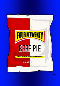 Artwork of Four'n Twenty Beef Pie packaging on a blue background