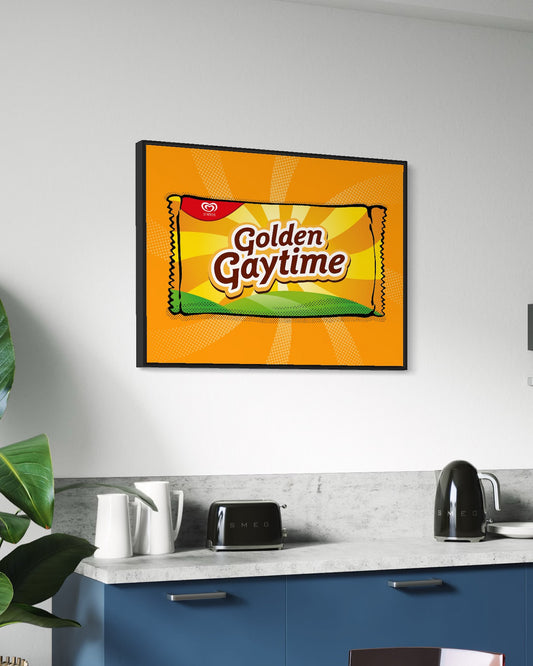 Framed Golden Gaytime artwork on a kitchen wall