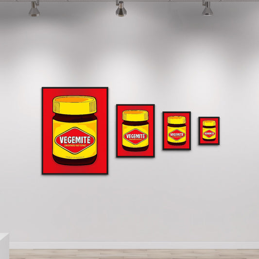 Vegemite in every size—bold yellow lids, red diamonds, and Aussie pride scaled from shelf to statement. A pop-art quartet from Nessy Pop Art, celebrating the national icon in rhythmic repetition