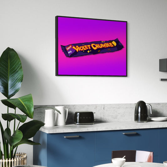 Framed artwork of a Violet Crumble candy bar on a kitchen wall