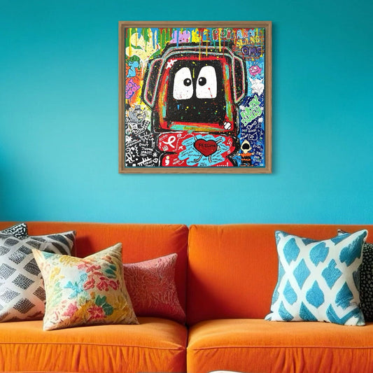 Colorful painting of Hoodie Boy surrounded by elements depicting elements of bullying above an orange couch with patterned cushions on a blue wall.