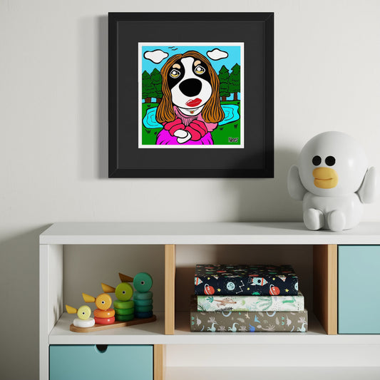 Stylized dog portrait in pink outfit with long brown hair—framed above pastel-toned cabinet with stacking toys and books, set beside white bird-like figure. Scenic lake and forest backdrop. Acrylic canvas, 18x18cm from Nessy Pop Art