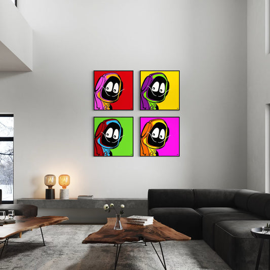 Modern living room with colorful abstract art on the wall of Hoodie Boy dressed as Salvadore Dali