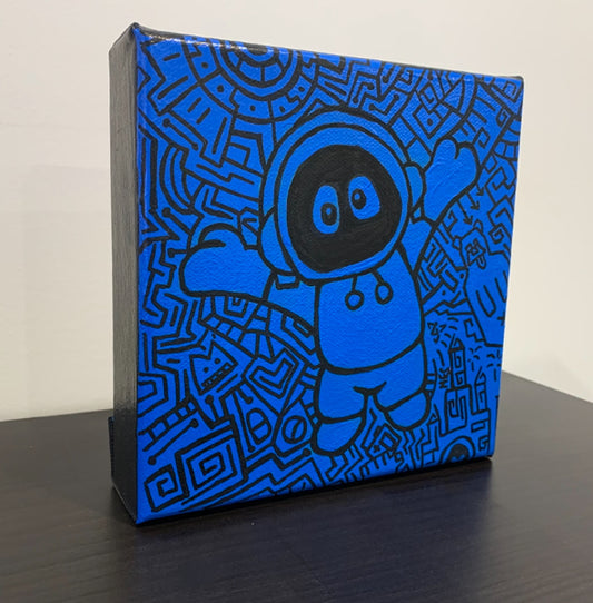 Artwork of Hoodie Boy reaching for a hug with a black and blue geometric background.