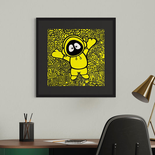 Framed artwork of Hoodie Boy on a yellow and black geometric patterned background reaching out for a hug on a wall above a desk.
