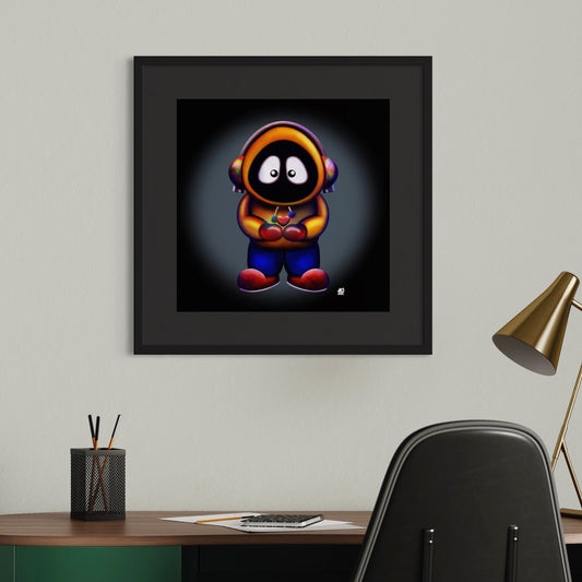 Framed colorful artwork of Hoodie Boy holding a heart with a black background, on a wall above a desk.
