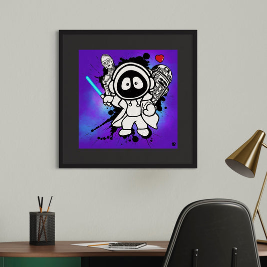 Framed colorful artwork of Hoodie Boy, light saber in hand with C3PO, R2D2, and a heart on with a purple background, on a wall above a desk.