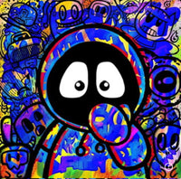 Colorful artwork of Hoodie Boy with his hand over his mouth and scary objects floating around him.