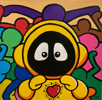 Colorful painting of Hoodie Boy in yellow with a heart on his chest and Keith Haring characters surrounding him.