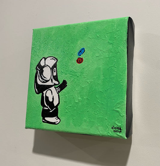 Painting of Hoodie Boy reaching for pills with a green background, from the side on a white wall.