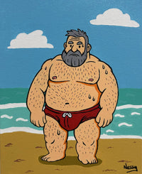 Sun-drenched beach brute—sweaty cartoon figure in red speedo, silver beard blazing under blue skies and foamy surf. Acrylic canvas, 8x10in from Nessy Pop Art.
