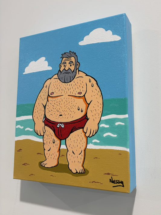 Sweaty beachside swagger—muscular cartoon figure in red speedo, silver beard glistening under blue skies and turquoise surf. Acrylic canvas, 8x10in from Nessy Pop Art.
