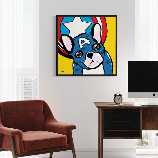 Colorful bulldog dressed as Captain America illustration in a modern living room setting.