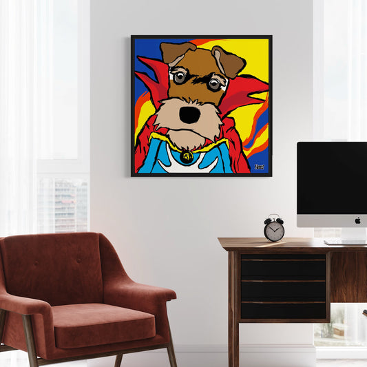 Colorful dog dressed as Dr Strange artwork on a wall above a brown armchair and desk.