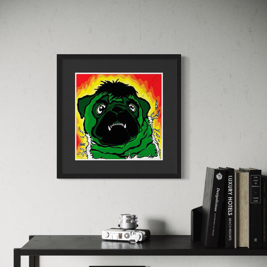 Framed artwork of a green pug dog dressed as the incredible hulk on a wall above a shelf with books and a camera.