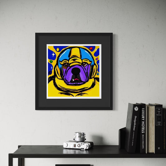 Framed colorful artwork of a bulldog dressed as Thanos on a wall above a shelf with books and a camera.