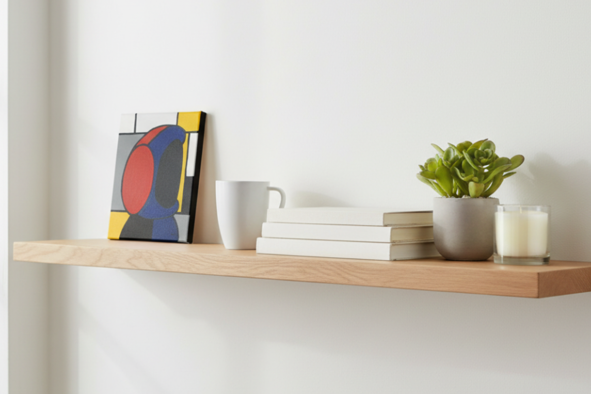 Small 8x10 inch artwork with black edges on shelf