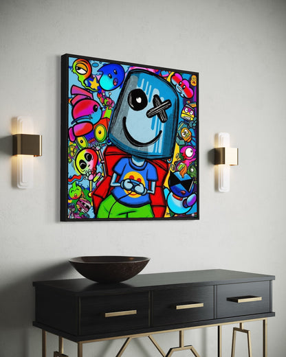 Colorful artwork of Bucket Boy playing video games escaping the real world, on a white wall above a black console table.