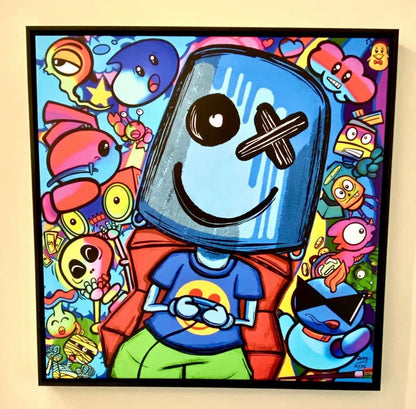 Colorful artwork of Bucket Boy playing video games escaping the real world.