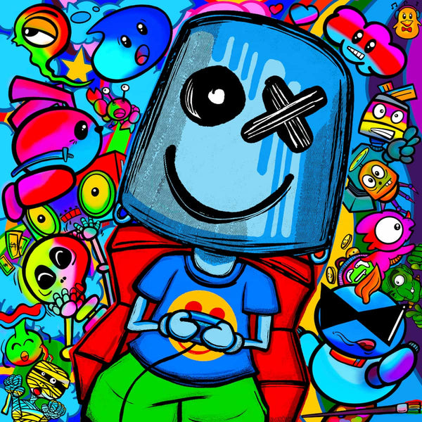 Colorful artwork of Bucket Boy playing video games escaping the real world.