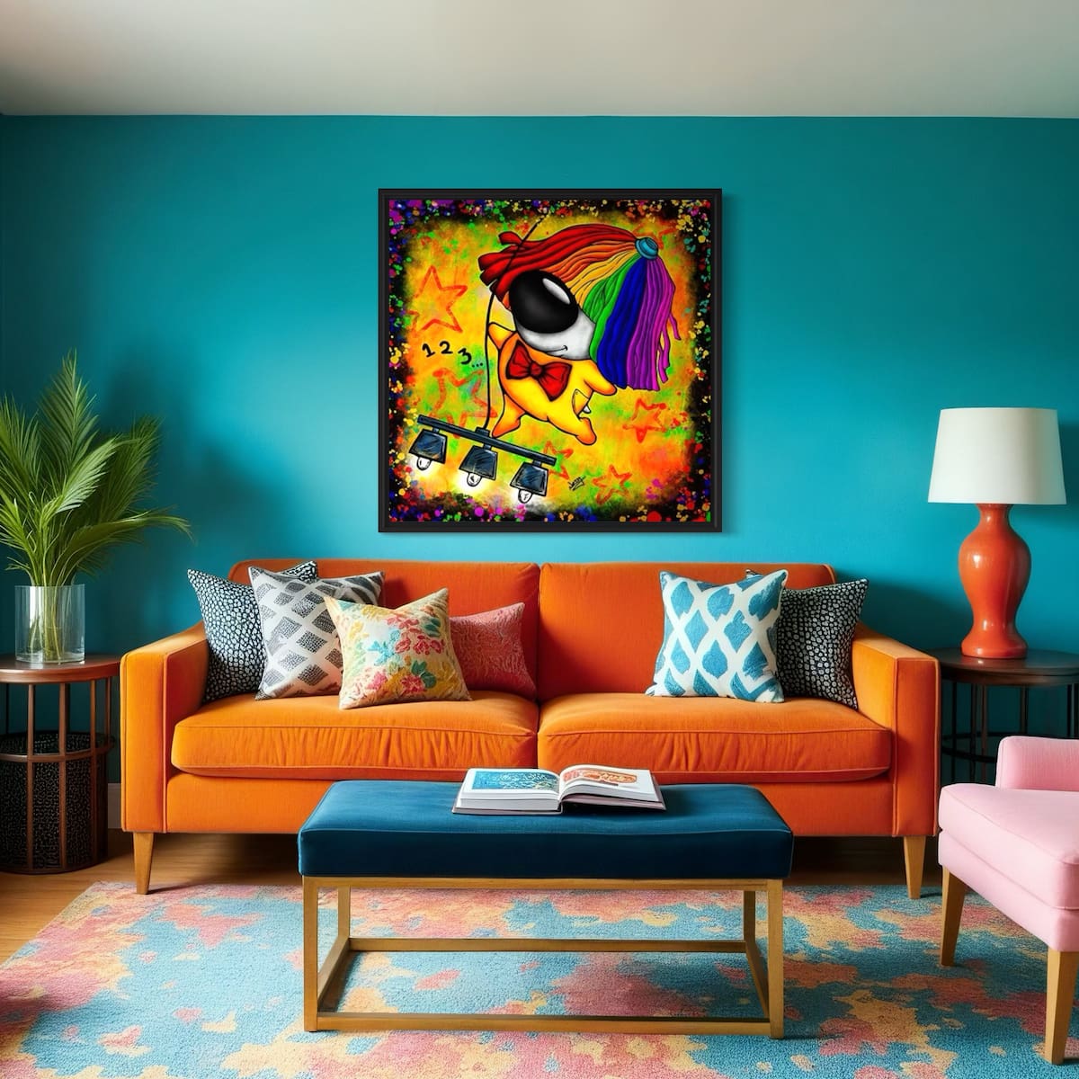 Colorful living room with an orange sofa, decorative items and colorful artwork of a dog with a rainbow mop wig, swinging on a chandelier, dancing to Sia's 123..