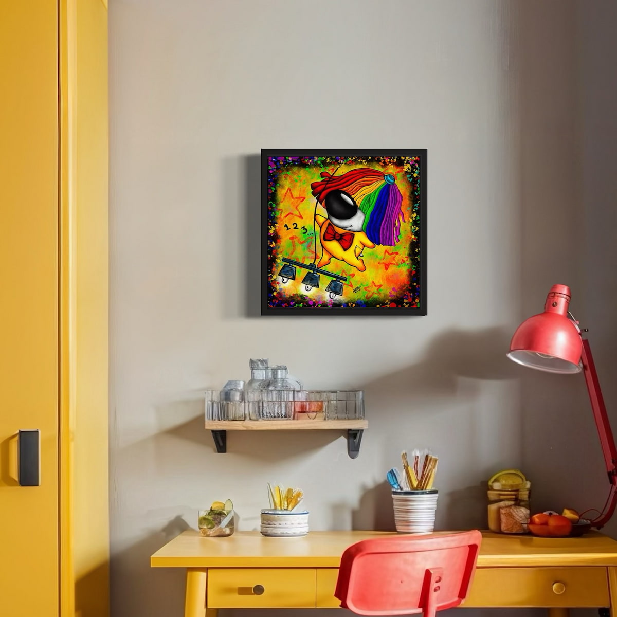 Colorful artwork of a dog with a rainbow mop wig, swinging on a chandelier, dancing to Sia's 123. Hung on a wall above a desk with a red chair and lamp.