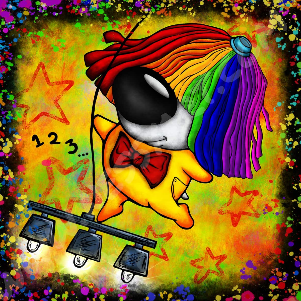 Colorful artwork of a dog with a rainbow mop wig, swinging on a chandelier, dancing to Sia's 123.