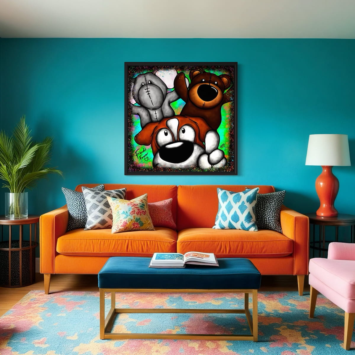 Living room with orange sofa, colorful rug, and framed artwork of a dog with his two favorite toys and the words 'Friends Forever' on teal wall
