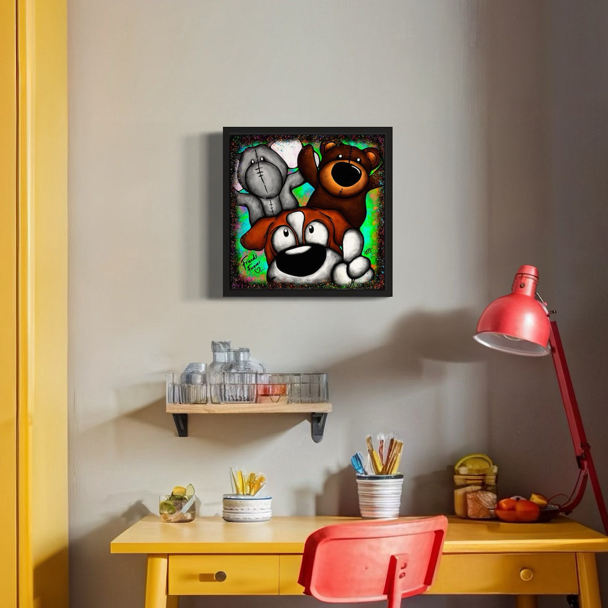Artwork of a dog with his two favorite toys and the words 'Friends Forever' above a desk with a red chair and lamp.