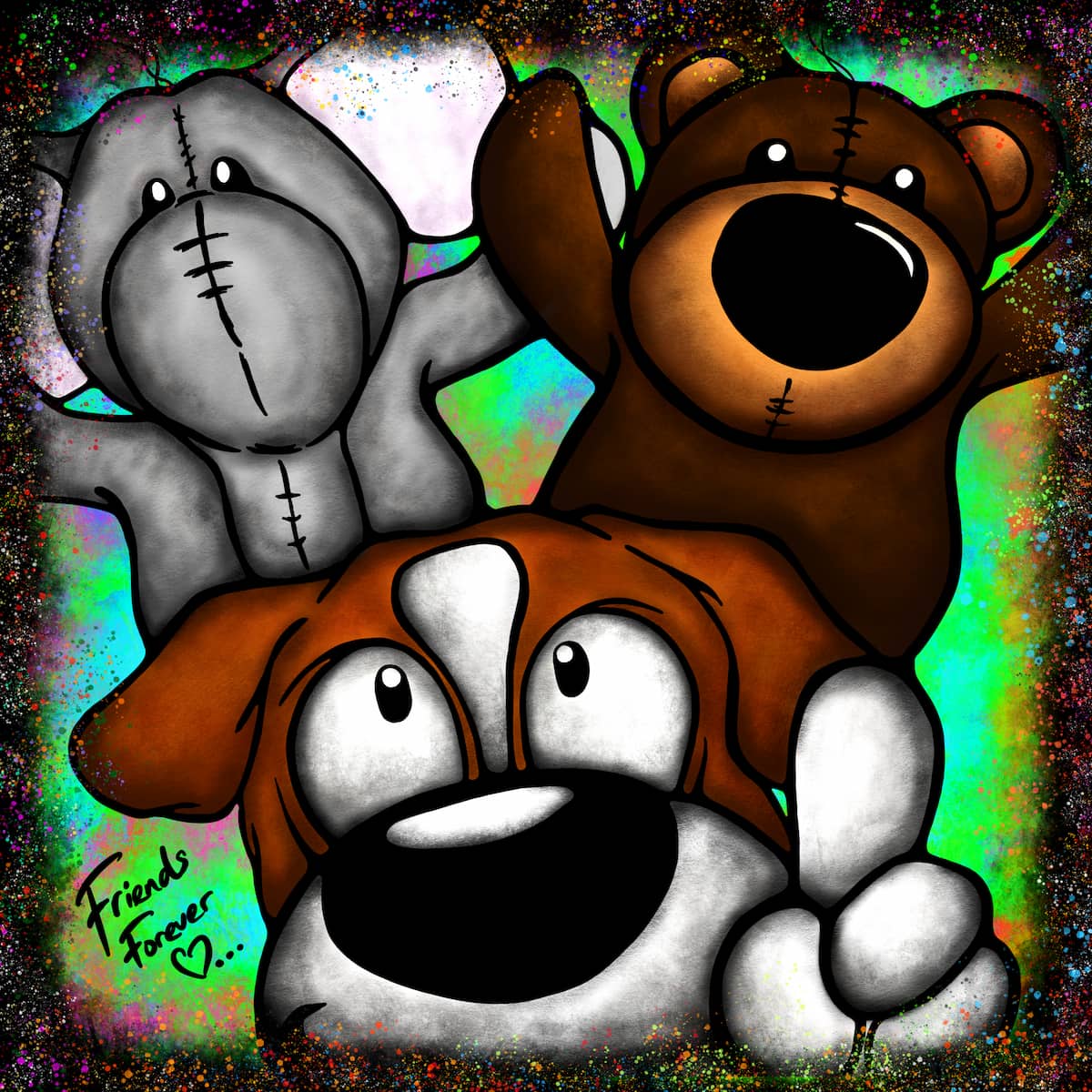 Artwork of a dog with his two favorite toys and the words 'Friends Forever'.