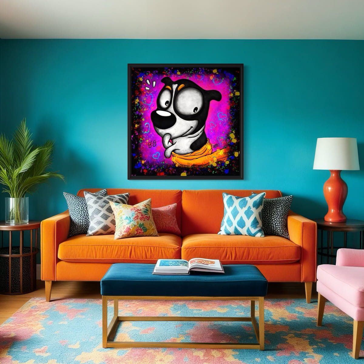 Living room with an orange sofa, colorful rug, and artwork of a dog in a towel fresh from the bath and a naughty smirk, hung on a blue wall.
