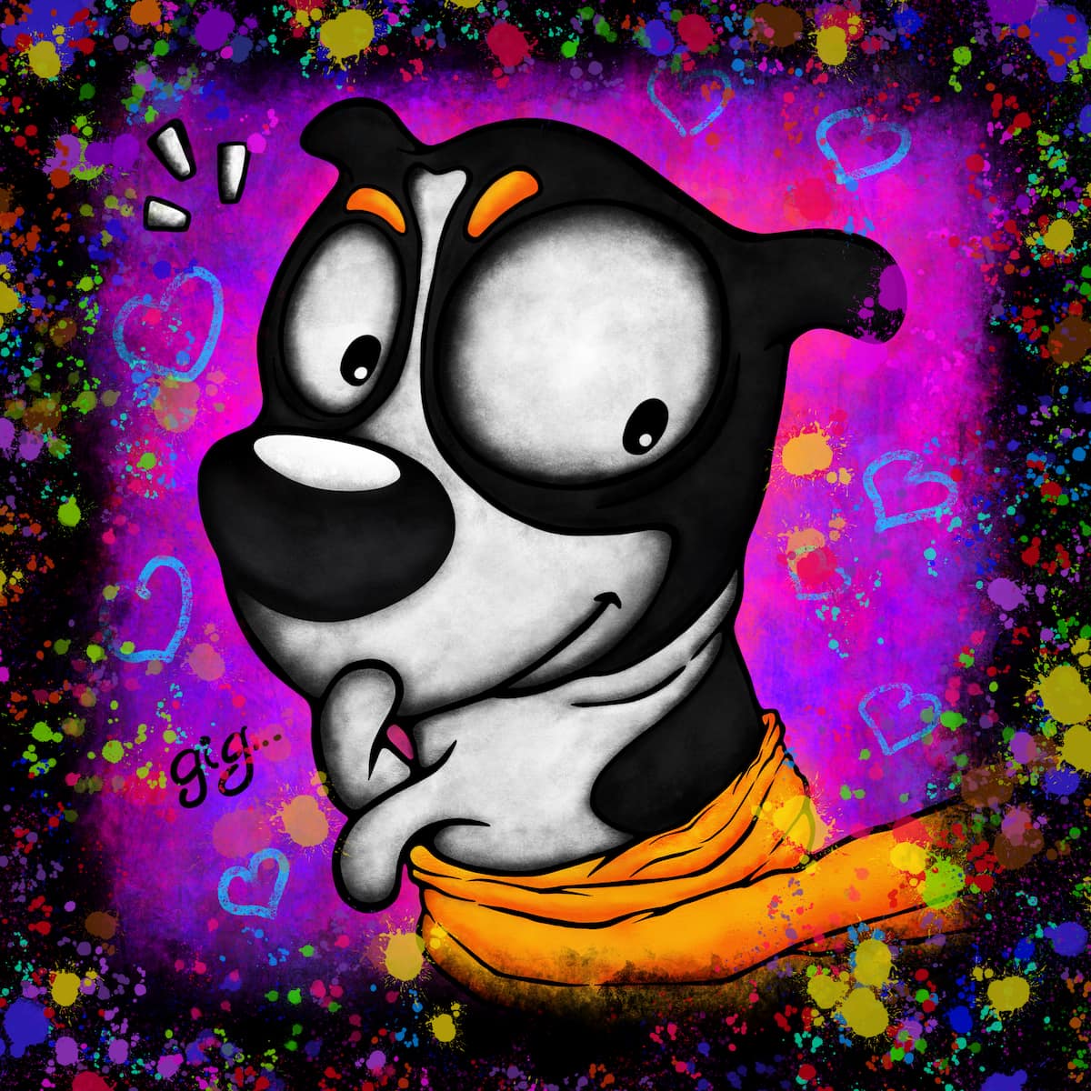 Artwork of a dog in a towel fresh from the bath and a naughty smirk.