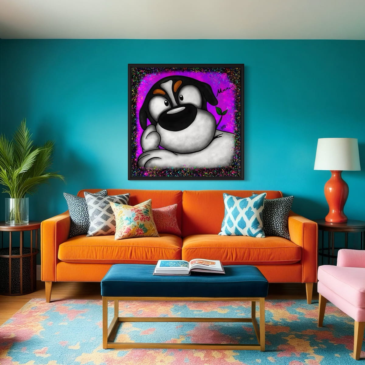 Living room with orange sofa, colorful rug, and cartoon painting of a dog in deep contemplation with a purple and black speckled background on teal wall
