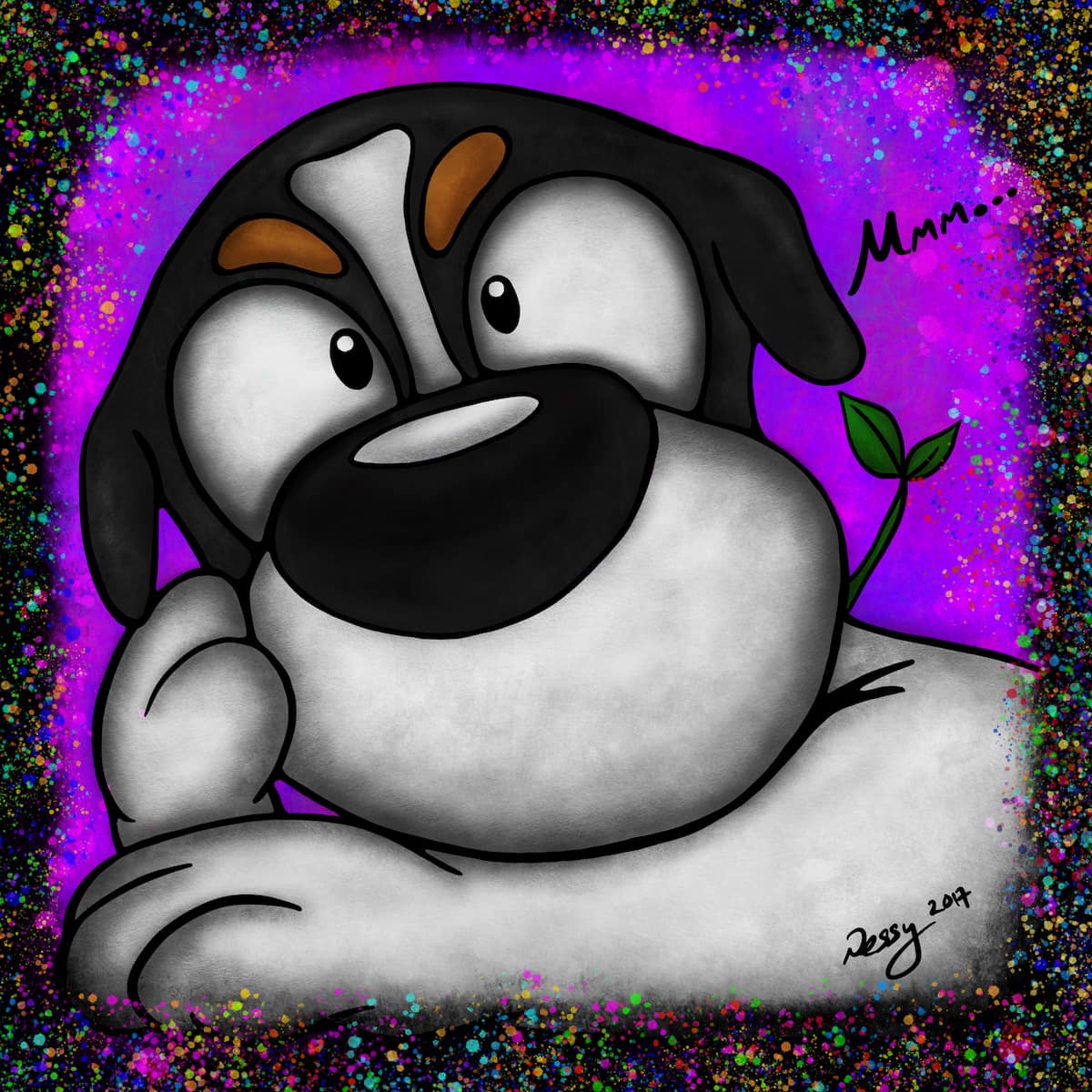 Cartoon dog in deep contemplation with a purple and black speckled background
