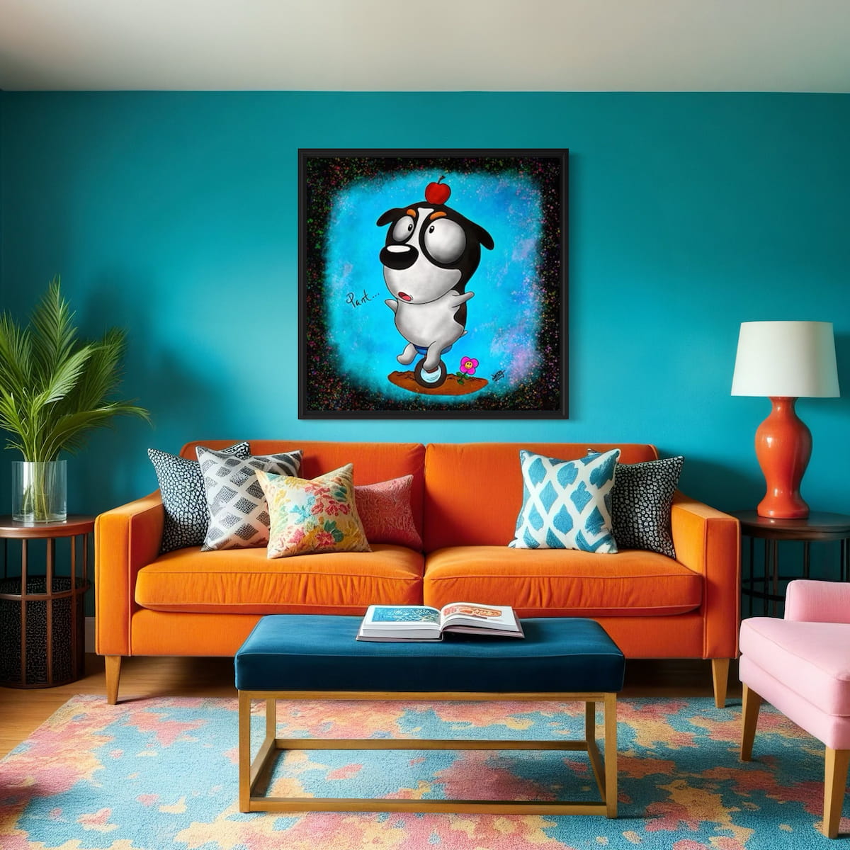 Living room with orange sofa, colorful cushions, and a framed artwork of a cartoon dog on a unicycle with an apple on its head against a colorful background, on a blue wall.