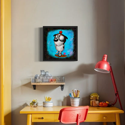 Framed artwork of a cartoon dog on a unicycle with an apple on its head against a colorful background, hung on a wall above a desk with a red chair and lamp.