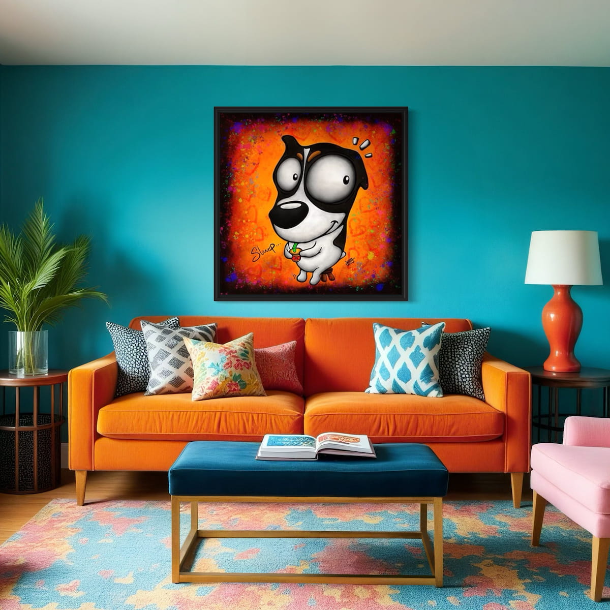 Living room with orange sofa, colorful rug, and vibrant framed artwork of a cartoon dog slurping on a drink with colorful orange background, on teal wall.