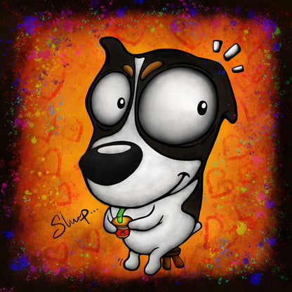 Cartoon dog slurping on a drink with colorful orange background.