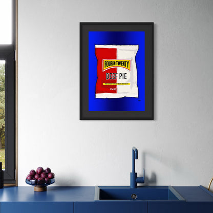 Framed artwork of a Four 'N Twenty Beef Pie package on a wall above a kitchen counter.