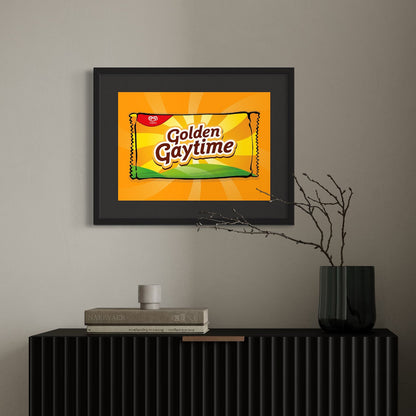 Framed Golden Gaytime candy bar artwork on a wall above a shelf with books and a vase.