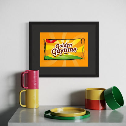 Framed Golden Gaytime candy bar packaging artwork on a white wall with colorful mugs and a plate below.