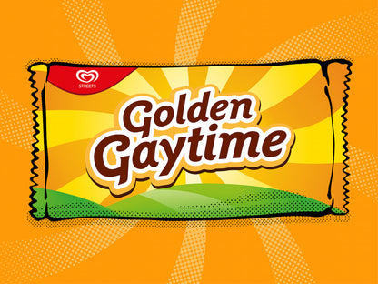 Illustration of a Golden Gaytime candy bar packaging on an orange background