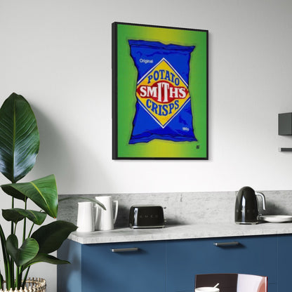 Framed artwork of a Smith's Crisps packet on a kitchen wall