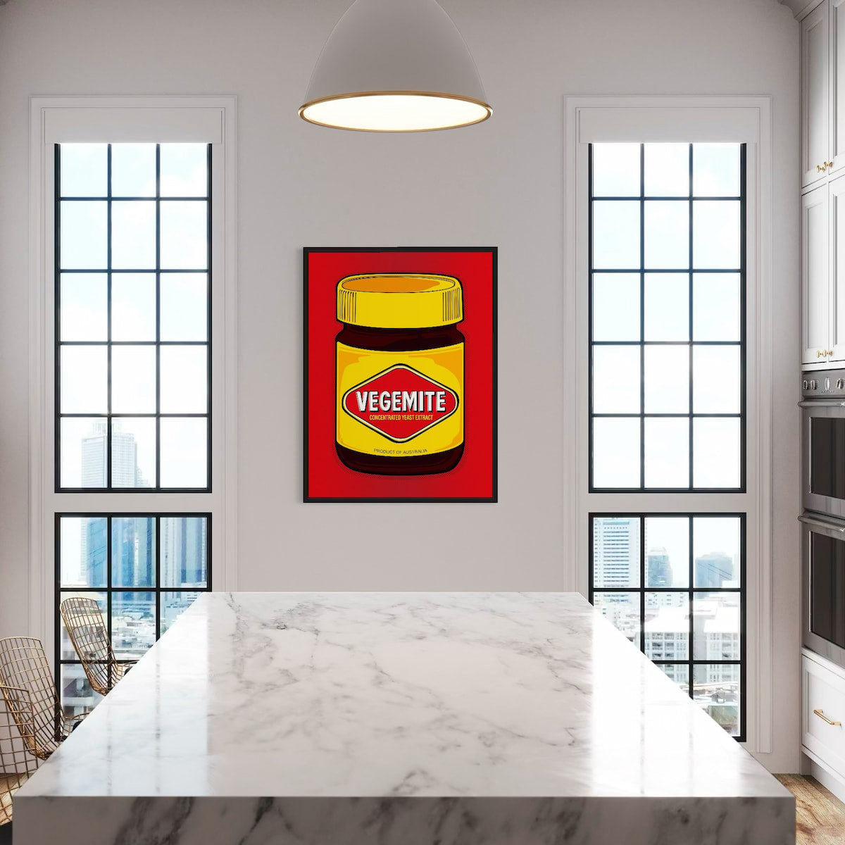 Vegemite in full pop—yellow lid, red diamond, and Aussie pride dialed to eleven. Framed canvas, 100×75cm from Nessy Pop Art, mounted between tall kitchen windows above a marble island. A national icon styled for the heart of the home
