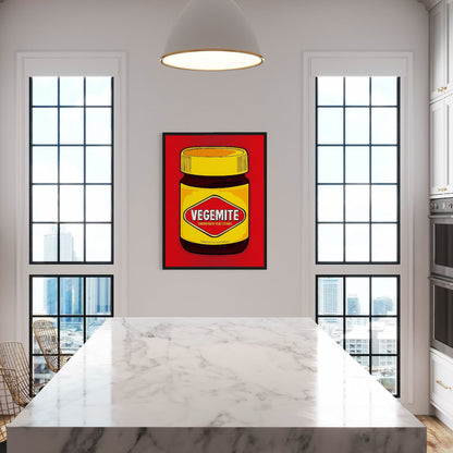 Vegemite in full pop—yellow lid, red diamond, and Aussie pride dialed to eleven. Framed canvas, 100×75cm from Nessy Pop Art, mounted between tall kitchen windows above a marble island. A national icon styled for the heart of the home