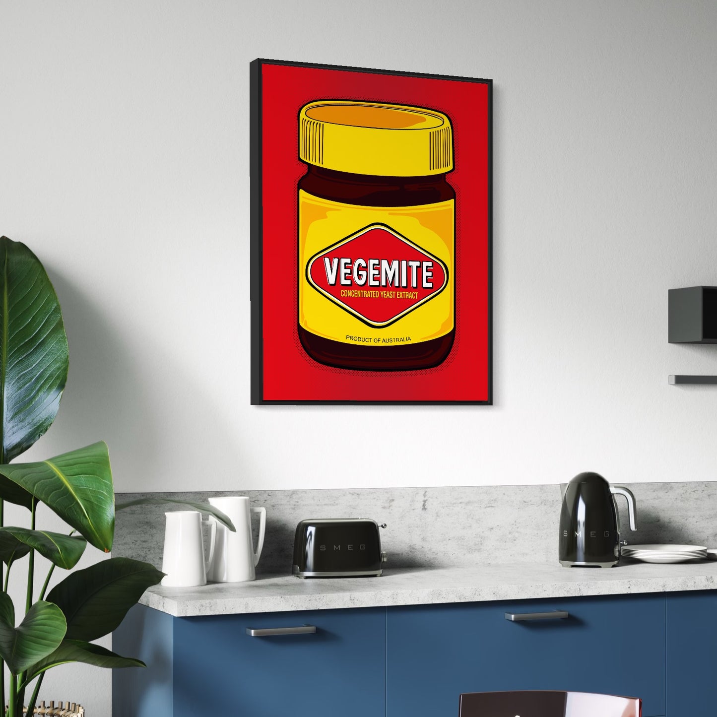 Vegemite in full pop—yellow lid, red diamond, and Aussie pride dialed to eleven. Framed canvas, 100×75cm from Nessy Pop Art, mounted above a marble kitchen counter with kettle, toaster, and mug. A national icon styled for the everyday brew.